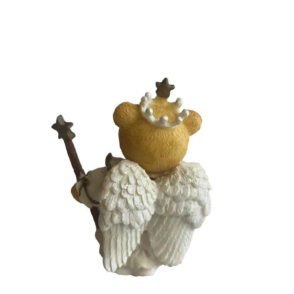 Vintage Christmas Angel Bears Figurines White Green Resin Set Of 3 Boxed 3 Inch